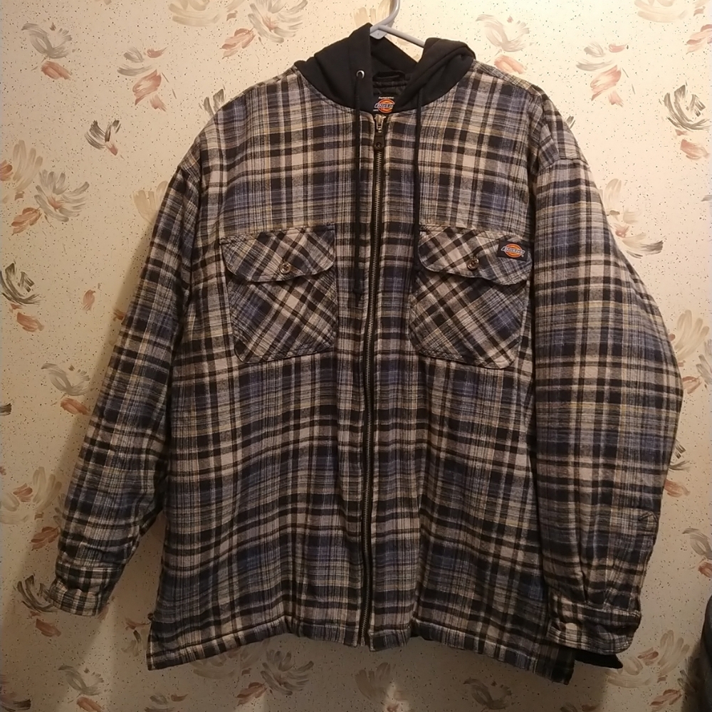 Men's Hooded Jacket XL Blue Plaid Quilted Lining Authentic Dickies Workwear Zip
